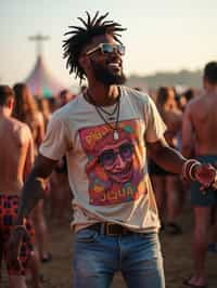 a stunning man as a festival-goer, dancing and enjoying the music in a vibrant crowd, wearing  a colorful graphic t-shirt and denim shorts