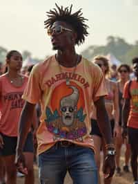 a stunning man as a festival-goer, dancing and enjoying the music in a vibrant crowd, wearing  a colorful graphic t-shirt and denim shorts