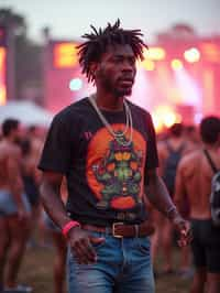 a stunning man as a festival-goer, dancing and enjoying the music in a vibrant crowd, wearing  a colorful graphic t-shirt and denim shorts