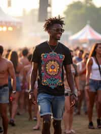 a stunning man as a festival-goer, dancing and enjoying the music in a vibrant crowd, wearing  a colorful graphic t-shirt and denim shorts