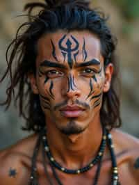 a man with  a tribal face paint design, adding an element of tribal and cultural inspiration to their festival look