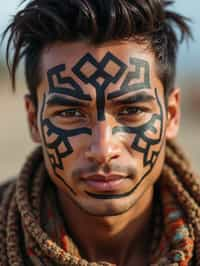 a man with  a tribal face paint design, adding an element of tribal and cultural inspiration to their festival look