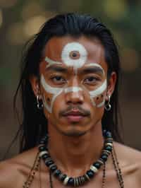 a man with  a tribal face paint design, adding an element of tribal and cultural inspiration to their festival look