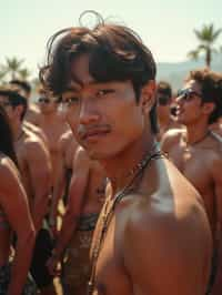 a stunning man surrounded by  a crowd of fellow festival-goers, capturing the sense of community and celebration at the festival