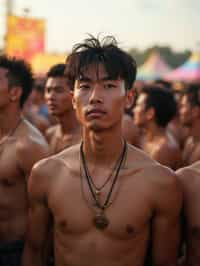 a stunning man surrounded by  a crowd of fellow festival-goers, capturing the sense of community and celebration at the festival