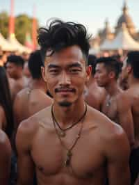 a stunning man surrounded by  a crowd of fellow festival-goers, capturing the sense of community and celebration at the festival