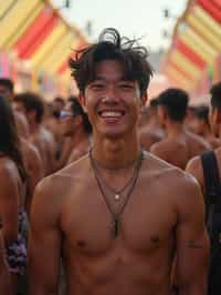 a stunning man surrounded by  a crowd of fellow festival-goers, capturing the sense of community and celebration at the festival