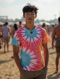 a man in  a tie-dye t-shirt and cargo shorts, embodying the DIY and personalization culture of music festivals