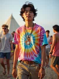 a man in  a tie-dye t-shirt and cargo shorts, embodying the DIY and personalization culture of music festivals