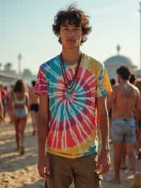 a man in  a tie-dye t-shirt and cargo shorts, embodying the DIY and personalization culture of music festivals