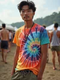 a man in  a tie-dye t-shirt and cargo shorts, embodying the DIY and personalization culture of music festivals