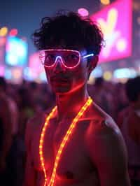 a man with  glowing LED accessories, standing out in the crowd and embracing the festival's vibrant atmosphere