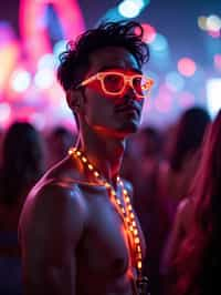 a man with  glowing LED accessories, standing out in the crowd and embracing the festival's vibrant atmosphere