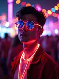 a man with  glowing LED accessories, standing out in the crowd and embracing the festival's vibrant atmosphere