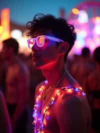 a man with  glowing LED accessories, standing out in the crowd and embracing the festival's vibrant atmosphere