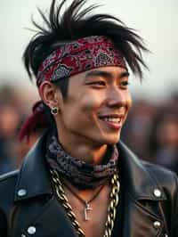 a stunning man in  a leather jacket and bandana, embodying the fusion of bohemian and rock n roll styles at the festival