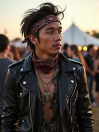 a stunning man in  a leather jacket and bandana, embodying the fusion of bohemian and rock n roll styles at the festival