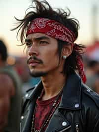 a stunning man in  a leather jacket and bandana, embodying the fusion of bohemian and rock n roll styles at the festival