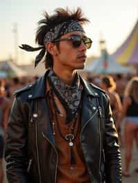 a stunning man in  a leather jacket and bandana, embodying the fusion of bohemian and rock n roll styles at the festival