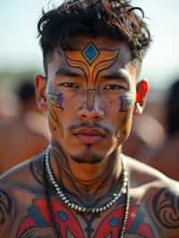 a man with  bold face and body art, capturing the artistic and expressive side of the music festival experience