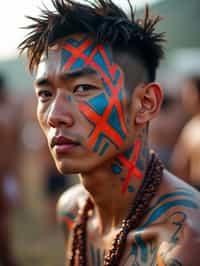 a man with  bold face and body art, capturing the artistic and expressive side of the music festival experience