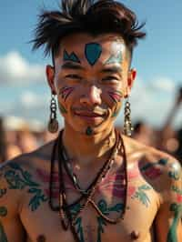 a man with  bold face and body art, capturing the artistic and expressive side of the music festival experience