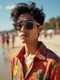 a stunning man in  a vibrant button-up shirt and funky sunglasses, capturing their eclectic and fashionable festival look