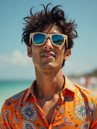 a stunning man in  a vibrant button-up shirt and funky sunglasses, capturing their eclectic and fashionable festival look