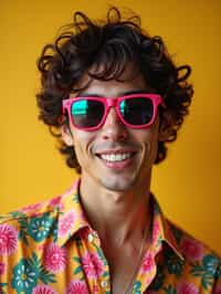 a stunning man in  a vibrant button-up shirt and funky sunglasses, capturing their eclectic and fashionable festival look