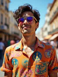 a stunning man in  a vibrant button-up shirt and funky sunglasses, capturing their eclectic and fashionable festival look