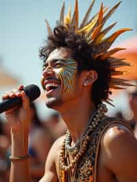 a man enjoying a live performance on a sunny day, with  a bold face paint design, radiating the joy and excitement of the festival