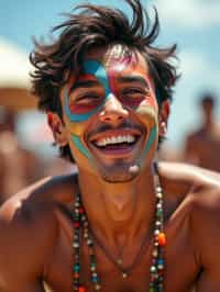 a man enjoying a live performance on a sunny day, with  a bold face paint design, radiating the joy and excitement of the festival