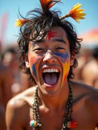 a man enjoying a live performance on a sunny day, with  a bold face paint design, radiating the joy and excitement of the festival