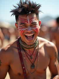 a man enjoying a live performance on a sunny day, with  a bold face paint design, radiating the joy and excitement of the festival