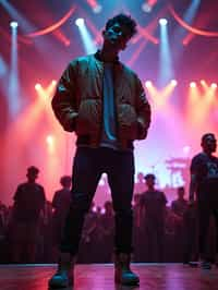 a man in  a cool bomber jacket and sneakers, striking a pose in front of a stage backdrop, capturing the excitement of a music festival