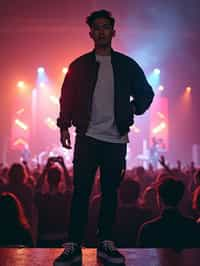 a man in  a cool bomber jacket and sneakers, striking a pose in front of a stage backdrop, capturing the excitement of a music festival