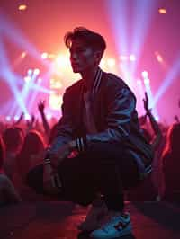 a man in  a cool bomber jacket and sneakers, striking a pose in front of a stage backdrop, capturing the excitement of a music festival