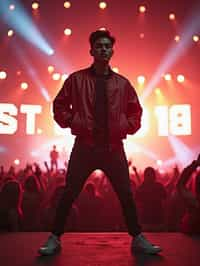 a man in  a cool bomber jacket and sneakers, striking a pose in front of a stage backdrop, capturing the excitement of a music festival