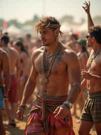 a man in a festival-inspired outfit, dancing with  a crowd of fellow festival-goers, capturing the energetic and lively atmosphere