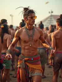 a man in a festival-inspired outfit, dancing with  a crowd of fellow festival-goers, capturing the energetic and lively atmosphere