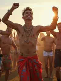 a man in a festival-inspired outfit, dancing with  a crowd of fellow festival-goers, capturing the energetic and lively atmosphere