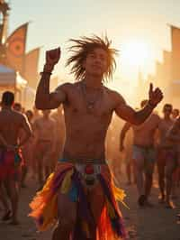 a man in a festival-inspired outfit, dancing with  a crowd of fellow festival-goers, capturing the energetic and lively atmosphere