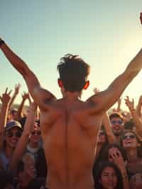 a man enjoying the live music on a sunny day, surrounded by  energetic fans and raising their hands in excitement