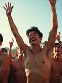 a man enjoying the live music on a sunny day, surrounded by  energetic fans and raising their hands in excitement