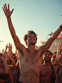 a man enjoying the live music on a sunny day, surrounded by  energetic fans and raising their hands in excitement