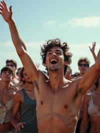 a man enjoying the live music on a sunny day, surrounded by  energetic fans and raising their hands in excitement