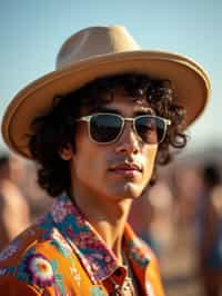 a stunning man with  a stylish hat and sunglasses, capturing the essence of festival fashion and individuality