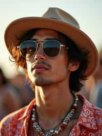 a stunning man with  a stylish hat and sunglasses, capturing the essence of festival fashion and individuality