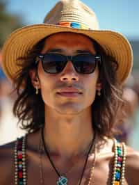 a stunning man with  a stylish hat and sunglasses, capturing the essence of festival fashion and individuality