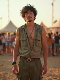 a man in  a sleeveless shirt and cargo pants, embodying the free-spirited and carefree nature of a music festival